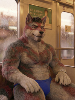 anthro clothing exhibitionism fur jockstrap looking_at_viewer male muscular muscular_anthro muscular_male raining red_body red_fur sitting solo train underwear vehicle sweet_husbando canid canine canis mammal wolf absurd_res hi_res