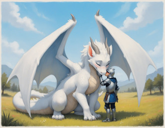 armor belly_scales belt blush claws cloud day duo eyes_closed female feral flower flower_field fur grass hand_on_head headgear helmet horn kissing knight long_tail male male/female membrane_(anatomy) membranous_wings metal_armor mythology outside paws plant scales tan_body tan_scales tree warrior weapon white_body white_fur wing_claws wings verbotenvertex dragon furred_dragon human mammal mythological_creature mythological_scalie scalie western_dragon absurd_res hi_res