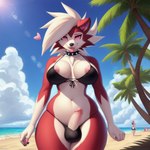 <3 anthro beach bikini breasts chest_tuft clothing collar generation_7_pokemon genitals gynomorph intersex looking_at_viewer lycanroc midnight_lycanroc nipples penis pokemon_(species) portrait seaside solo_focus spiked_collar spikes swimwear thatredhyena three-quarter_portrait tuft