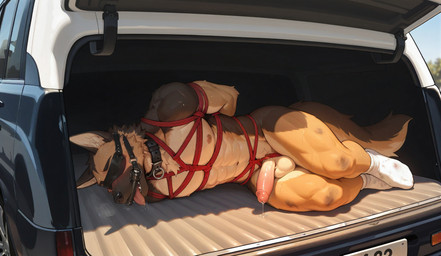 abs anthro athletic balls bdsm bit_gag blindfold blush bodily_fluids bondage bound breath car_trunk clothing collar cum cum_drip dirty dirty_socks dripping drooling erection footwear foreskin gag genital_fluids genitals hands_behind_back humanoid_genitalia humanoid_penis kidnapping lying male navel nude on_side panting penis restraints retracted_foreskin rope rope_bondage rope_harness saliva socks solo tongue tongue_out white_clothing white_footwear white_socks as_aifurry canid canine canis domestic_dog german_shepherd herding_dog mammal pastoral_dog hi_res