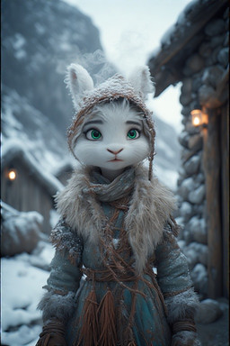 anthro clothing female fur fur_clothing green_eyes hut inuit neari snow solo white_body white_fur arctic_hare hare lagomorph leporid mammal