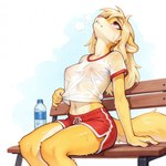 anthro bench blonde_hair bodily_fluids bottomwear clothing female fur hair head_back midriff navel nipple_outline red_bottomwear red_clothing red_eyes red_shorts shirt shorts simple_background sitting solo solo_focus sweat sweaty_body topwear translucent translucent_clothing translucent_topwear water_bottle wet wet_clothing wet_shirt wet_topwear white_clothing white_shirt white_topwear yellow_body yellow_fur verbotenvertex mila_minx mammal mink mustelid musteline true_musteline absurd_res hi_res