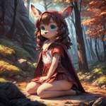 absurd_res aiko anthro bottomwear brown_body brown_fur brown_hair cervid cloak clothing cub curled_hair fairy_tale female female_focus forest freckles freckles_on_butt freckles_on_face fur hair hi_res hood huge_filesize kneeling little_red_riding_hood looking_at_viewer mammal plant skirt smile solo solo_focus teal_eyes tree venison venisoncreampie young