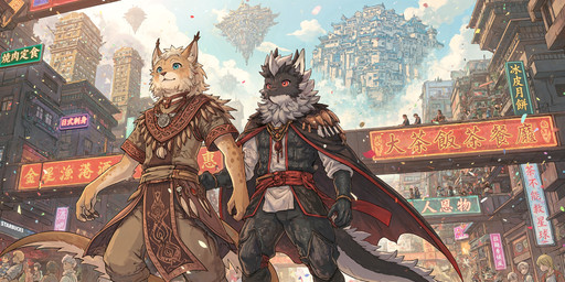 amazing_background anthro black_clothing black_gloves black_handwear black_horn black_nose blue_eyes cape castle city cityscape clothing crowd detailed_background duo duo_focus fantasy floating_island fur gloves group hair handwear horn jewelry knee_pads long_tail looking_up low-angle_view male mythology necklace neon_sign red_belt shirtless short_hair sign star text tribal tribal_clothing ultrawide white_body white_fur white_horn nekomatasaren kokumo_(nekomatasaren) saren_(nekomatasaren) dragon felid feline furred_dragon human lynx mammal mythological_creature mythological_scalie scalie absurd_res chinese_text english_text hi_res translated