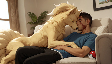 ambiguous_gender black_bottomwear black_clothing black_nose black_pants blue_clothing blue_shirt blue_topwear bodily_fluids bottomwear brown_hair clothed clothed_human clothing cuddling curtains day detailed_background duo embrace eyebrows eyes_closed facial_hair female female_on_human feral fully_clothed fur furniture hair hug inside interspecies light lying male male/female multi_tail on_back on_sofa pants petting plant pokeball quadruped realistic romantic shirt sitting sleeping smile snout sofa sunlight t-shirt tail tan_body tan_fur topwear tuft window yellow_body yellow_fur hummuna nintendo pokemon canid canine generation_1_pokemon human mammal ninetales pokemon_(species) absurd_res hi_res shaded