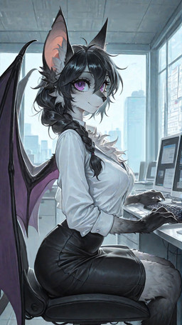 anthro chair computer female furniture hair membrane_(anatomy) membranous_wings office office_clothing on_chair ponytail purple_eyes sitting sitting_on_chair wings loren_iipsum magna bat mammal hi_res