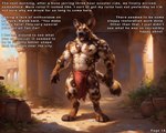 african_wild_dog anthro blue_eyes bottomwear canid canine clothing kaleb loincloth male mammal muscular muscular_male ruins smile solo text wetfur_(director)