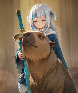 accessory blue_eyes blue_hair brown_body brown_eyes brown_fur clothing ebenezerdanglewood female fur hair hair_accessory holding_object hoodie long_hair melee_weapon multicolored_hair sidelocks solo standing sword topwear two_tone_hair weapon white_body white_fur hololive gawr_gura animal_humanoid capybara caviid fish fish_humanoid humanoid mammal marine marine_humanoid rodent shark_humanoid hi_res