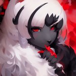 absol anthro back_body black_body black_fur black_hair black_skin female fluffy fur generation_3_pokemon hair humanoid kemono kittehlazer_(director) narrowed_eyes open_mouth pokemon_(species) red_ribbon red_sclera restricted_palette ribbon seductive smile solo white_body white_fur white_hair