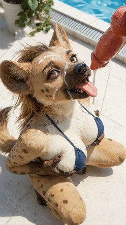 animal_genitalia animal_penis anthro bikini black_nose bodily_fluids breasts canine_genitalia canine_penis clothing crouching cum cum_on_face day duo eyelashes fangs female fur genital_fluids genitals high-angle_view holding_breast knot licking light looking_at_another looking_at_partner looking_up male male/female offscreen_male on_knees oral outside penile penis penis_lick plant plant_pot poolside potted_plant sex sharp_teeth solo_focus spots spotted_body spotted_fur sunlight swimwear teeth three-quarter_view tongue tongue_out ai_yiff hyaenid mammal animated