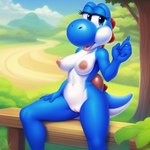 anthro blue_body blue_eyes breasts eyelashes female genitals hand_on_leg hand_on_thigh nipples outside pussy shell sitting solo tongue tongue_out lendri_mujina scalie yoshi