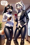 anthro arctic_fox black_hair bottomwear bulge business_suit canid canine clothing duo felicia_fox fox girly hair hi_res holding_object holding_phone inside leather leather_bottomwear leather_clothing leather_pants leggings legwear lisq male mammal office pants phone red_fox standing suit white_hair