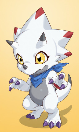 3_fingers 3_toes anthro belly blue_scarf claws fangs feet finger_claws fingers frill_(anatomy) grey_belly horn male pointed_tail purple_claws scar scarf simple_background smile solo standing tail teeth toe_claws toes white_body yellow_eyes yiff_ai_(director) digimon digimon_ghost_game ceratopsian digimon_(species) dinosaur gammamon ornithischian reptile scalie hi_res