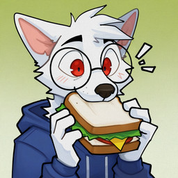 anthro black_eyebrows blue_clothing blue_hoodie blue_topwear bread cheese clothing dairy_products eating eating_food eyebrows eyewear food fruit fur glasses head_tuft holding_food holding_object hoodie lettuce male plant red_eyes round_glasses sandwich_(food) simple_background solo tomato topwear tuft vegetable whisker_spots white_body white_fur anotherarcticfox arctic_fox canid canine fox mammal headshot_portrait portrait