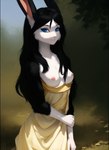 anthro black_hair blue_eyes breasts clothing dress eevee_k exposed_breasts female forest hair lagomorph leporid long_hair looking_at_viewer mammal nipples plant rabbit seductive solo tree