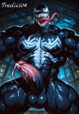 balls black_body bodily_fluids cum first_person_view genital_fluids genitals looking_at_viewer male muscular night penis sharp_teeth solo teeth vein wet wet_body tredici04 venom_(marvel) humanoid absurd_res hi_res