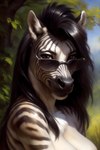 absurd_res anthro black_hair breasts canineluvr19 chest_tuft cleavage clothed clothing equid equine eyewear female fur hair hi_res long_hair looking_at_viewer mammal mohawk seductive smile smirk solo solo_focus striped_body striped_fur stripes sunglasses tuft zebra