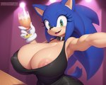 alcohol anthro beverage big_breasts blue_body blue_fur breasts clothed clothing collar crossgender eulipotyphlan female fur genny green_eyes hedgehog huge_breasts hyper hyper_breasts mammal nipple_outline nipples open_mouth open_smile puffy_nipples selfie skimpy smile solo sonic_the_hedgehog sonic_the_hedgehog_(series) straw