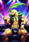 5_fingers abs anthro anthrofied belt biceps biped bottomwear bracelet bulge clothed clothing fingers furniture jacket jewelry leaf leather leather_clothing looking_at_viewer male muscular muscular_anthro muscular_male navel pecs plant red_eyes sitting smile sofa solo spiked_bracelet spikes text topwear vest yellow_body sergalbutt nintendo pokemon bayleef elemental_creature flora_fauna generation_2_pokemon pokemon_(species) hi_res signature url