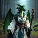 anthro claws cloak clothed clothing crystal female fog foggy forest forest_background forest_path green_body green_scales horn jewelry moss nature nature_background plant robe scales solo staff tree wings omgechounknown dragon reptile scalie