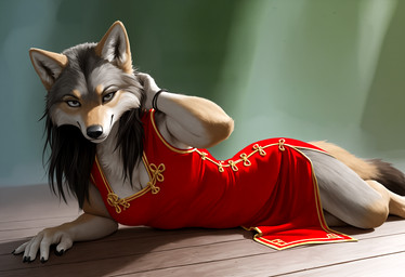 anthro asian_clothing black_hair black_nose bracelet breasts brown_body brown_fur chinese_clothing chinese_dress claws clothed clothing dress east_asian_clothing female fur grey_body grey_fur hair jewelry long_hair looking_at_viewer lying multicolored_body multicolored_fur on_side pose realesrgan_x2_(upscaler) red_clothing red_dress remacri_original_(upscaler) seductive smile solo tail tuft white_body white_fur wood_floor crashbandit canid canine canis coyote mammal wolf comfyui_(software) digital_media_(artwork) molkeunmix_(model) nai-diffusion-4-full_(model) prompt_metainfo