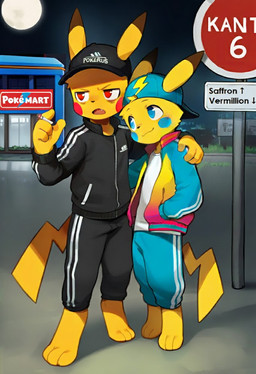 3_toes 4_fingers adidas anthro arm_around_shoulders bags_under_eyes baseball_cap black_clothing black_nose blue_eyes blush blush_lines bottomless bus_stop cheek_markings cigarette closed_smile clothed clothing colorful_clothes digitigrade duo eyebrows facial_markings feet fingers front_view fur hat head_markings head_tuft headgear headwear holding_cigarette holding_object intraspecies jacket looking_at_another male male/male markings moon narrowed_eyes night open_mouth outside side_by_side smile standing tail text toes topwear tracksuit tuft yellow_body yellow_fur ratarang_(director) nintendo pokemon blue_(ratarang) red_(ratarang) generation_1_pokemon pikachu pokemon_(species) english_text hi_res novelai brother_(lore) incest_(lore) sibling_(lore)