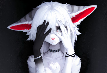 anthro bracelet choker covering covering_face ears_down female fur gloves_(marking) grey_eyes grey_stripes hair hair_over_eye hand_on_face jewelry markings necklace one_eye_obstructed pivoted_ears solo stripes white_body white_fur white_hair seli-32 felid feline felis mammal hi_res