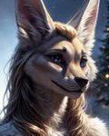 anthro auykac blue_eyes canid canine christmas_tree female fennec fluffy_fur fox fur hi_res mammal plant snow solo tree yellow_body yellow_fur