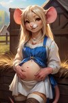 anthro blond_hair blue_clothing blue_dress brown_eyes clothing dress farm female jewelry legwear necklace peasant pregnant pregnant_female smile solo stockings mammal mouse murid murine rodent