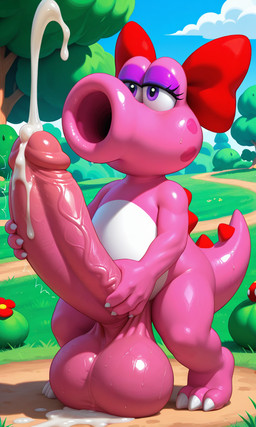 3_toes 4_fingers anthro balls belly big_balls big_penis bodily_fluids bow_(feature) bow_accessory bow_ribbon claws cloud cum cum_on_body cum_on_ground cum_on_penis cumshot day ejaculation erection feet femboy fingers flower genital_fluids genitals grass huge_balls huge_penis humanoid_genitalia humanoid_penis hyper hyper_genitalia hyper_penis light male masturbation outside penis pink_body plant purple_eyes semi-anthro shrub solo spikes sunlight sweat sweaty_balls sweaty_genitalia toe_claws toes tree vein veiny_penis white_belly yiff_ai_(director) super_mario_bros birdo dinosaur reptile scalie hi_res