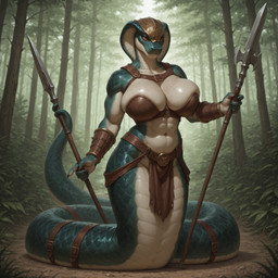 abs anthro apode armor belly belt big_breasts blue_body blue_scales bottomwear breasts brown_eyes claws clothing day dirt female forest grass holding_object holding_weapon leather leather_clothing leather_topwear legless loincloth melee_weapon metal muscular muscular_anthro muscular_female nipples non-mammal_breasts non-mammal_nipples outside plant polearm prehensile_tail scaled_breasts scales serpentine solo spear tan_belly tan_body tan_scales topwear tree tribal tribal_clothing weapon zoc draconcopode naga reptile scalie snake hi_res
