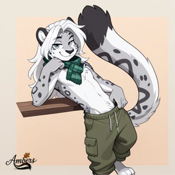 anthro arm_support bottomwear cargo_pants clothing flannel gray_eyes hair leaning_on_elbow long_tail male pants relaxed scarf slim small_waist smug smug_face solo white_hair ambers_ai selinar_snowcat felid mammal panthera pantherine snow_leopard absurd_res hi_res