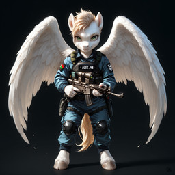 andromorph anthro clothed clothing front_view green_eyes gun hair hooves horse_ears intersex looking_at_viewer male mohawk ranged_weapon short_hair simple_background smile solo standing tail uniform weapon white_body wings abr98 my_little_pony equid equine horse mammal pegasus pony absurd_res full-length_portrait hi_res portrait
