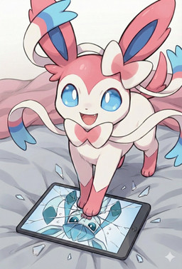 ambiguous_gender blue_body blue_eyes bow_(anatomy) fangs feral fur open_mouth paws pink_body pink_fur ribbons_(anatomy) solo tablet tail teeth tongue white_body white_fur kaigamiaikemono nintendo pokemon eeveelution generation_4_pokemon generation_6_pokemon glaceon pokemon_(species) sylveon 2025 absurd_res hi_res