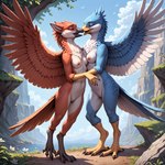 anthro beak bird_feet bird_legs blue_body blue_feathers breasts canyon duo embrace eyes_closed feathered_crest feathered_wings feathers female female/female fluffy_ears genitals head_crest kissing lake multicolored_body multicolored_feathers nipples pussy red_body red_feathers romantic scuted_feet scuted_hands scuted_legs scutes spread_wings standing tail_feathers talons two_tone_body two_tone_feathers wings birdlover avian bird absurd_res hi_res