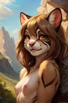 amber_eyes anthro breasts brown_hair cute_pose exposed_breasts female fur grass hair inner_ear_fluff long_hair looking_at_viewer mountains nipples outdoors outside plant small_breasts tuft whiskers yellow_body yellow_fur mindry felid feline leopardus mammal margay