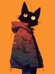 anthro black_body clothing jacket male simple_background solo topwear whiskers yellow_background yellow_eyes sappy_(director) domestic_cat felid feline felis mammal absurd_res hi_res traditional_media_(artwork)