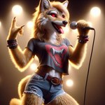 anthro black_nose blonde_hair bottomwear bracelets clothing dall-e_3 denim denim_clothing detailed_background female fur hair jeans long_hair microphone pants red_eyes shirt shorts solo t-shirt topwear yellow_body yellow_fur goldanthrowolf canid canine canis luphra'nite mammal wolf