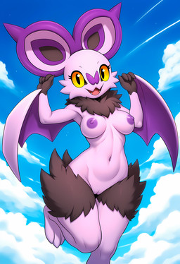 anthro breasts female fur genitals medium_breasts nude purple_body pussy sky solo wings gobabsnow nintendo pokemon generation_6_pokemon noibat pokemon_(species) invalid_tag absurd_res hi_res