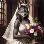 absurd_res anthro bouquet breasts bride canid canine canineluvr19 canis cleavage clothed clothing dark_grey_fur dress female flower hi_res mammal plant seductive smile solo wedding wedding_dress wolf