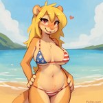 <3 anthro areola areola_slip beach big_breasts bikini blonde_hair blush blush_lines breasts clothed clothing female fur hair hands_on_hips hi_res mammal mila_minx mink mustelid musteline navel nipple_outline red_eyes sea seaside smile smiling_at_viewer solo standing stars_and_stripes swimwear tan_body tan_fur true_musteline united_states_of_america water
