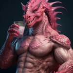 anthro dragon drinking looking_at_viewer male muscular muscular_anthro muscular_male pink_body scalie seductive