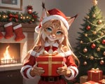 anthro bare_shoulders blonde_hair blue_eyes christmas christmas_clothing christmas_headwear christmas_tree clothing female fireplace fur gift hair headgear headwear long_hair looking_at_viewer plant smile smiling_at_viewer solo solo_focus tree magacitl felid feline lynx mammal animated webm