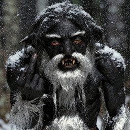 beard belt black_body black_hair black_skin bloodshot_eyes eyebrows facial_hair fur gesture hair humanoid_face humanoid_pointy_ears male middle_finger norse_mythology red_eyes snow snow_on_character snowing solo white_beard white_body white_eyebrows white_fur white_hair yellow_teeth sloppycat humanoid troll hi_res