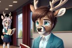 aidan_(disambiguation) anthro antlers bottomwear brown_hair buck_(disambiguation) cervid classroom clothing cub duo female hair hi_res horn male male/female mammal school school_uniform seraphina silver_hair skirt teal_eyes uniform venison venisoncreampie young