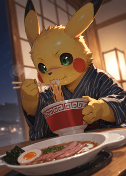 anthro asian_clothing bowl clothing container cute_expression dining_room dinner east_asian_clothing eating food food_bowl food_in_mouth japan japanese_architecture japanese_clothing japanese_house kimono male noodles pet_bowl ramen scar solo motelsaint nintendo pokemon hunter_(motelsaint) generation_1_pokemon pikachu pokemon_(species) sfw hi_res