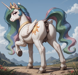 animal_genitalia animal_pussy anus butt cloud crotch_breasts crown cutie_mark dark_nipples darkened_genitalia day dock_(anatomy) equine_anus equine_pussy feathers female feral flower fur genitals hair hooves horn looking_at_viewer looking_back looking_back_at_viewer mountains multicolored_hair multicolored_tail outside plant presenting presenting_hindquarters purple_eyes pussy raised_leg smile solo standing teats water white_body white_feathers white_fur wings negasun friendship_is_magic my_little_pony princess_celestia_(mlp) equid equine mammal winged_unicorn hi_res