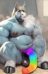 anthro balls belly benjohnson big_balls blonde_hair blush bodily_fluids clothed clothing equid equine genitals hair hi_res hooves horn male mammal muscular muscular_anthro muscular_male nipples overweight partially_clothed pecs sitting skimpy solo spread_legs spreading sweat sweaty sweaty_balls sweaty_genitalia thong underwear unicorn