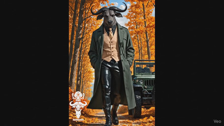 ai_voiced anthro autumn_leaves autumn_trees black_bottomwear black_clothing black_horn black_nose black_pants black_shirt black_topwear bottomwear clothing cloud coat fur green_clothing green_coat green_topwear grey_body grey_ears grey_eyes grey_fur grey_hands horn jeep leather leather_bottomwear leather_clothing leather_pants long_coat male necktie pants path shirt sky solo tan_clothing tan_necktie tan_topwear tan_vest topwear vest walking bahufaru balus_bubalis bovid bovine mammal true_buffalo water_buffalo animated hi_res short_playtime sound voice_acted webm