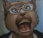 anthro black_clothing black_jacket black_lips black_topwear brown_body brown_eyes brown_fur brown_nose canid canine canis close-up clothed clothing domestic_dog eyewear facial_hair front_view fur glasses glistening headshot_portrait hunting_dog inner_ear_fluff jacket laughing lips looking_at_viewer male mammal meme mo-net_(director) mustache open_mouth open_smile portrait robocop_(franchise) shirt simple_background smile solo tan_body tan_fur teeth terrier tongue topwear tuft white_clothing white_shirt white_topwear yorkshire_terrier